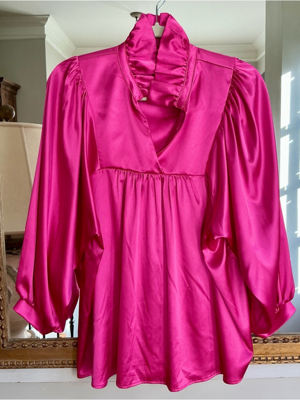 Boutique Adrienne Hot Pink Satin Ruffled V-Neck Blouse